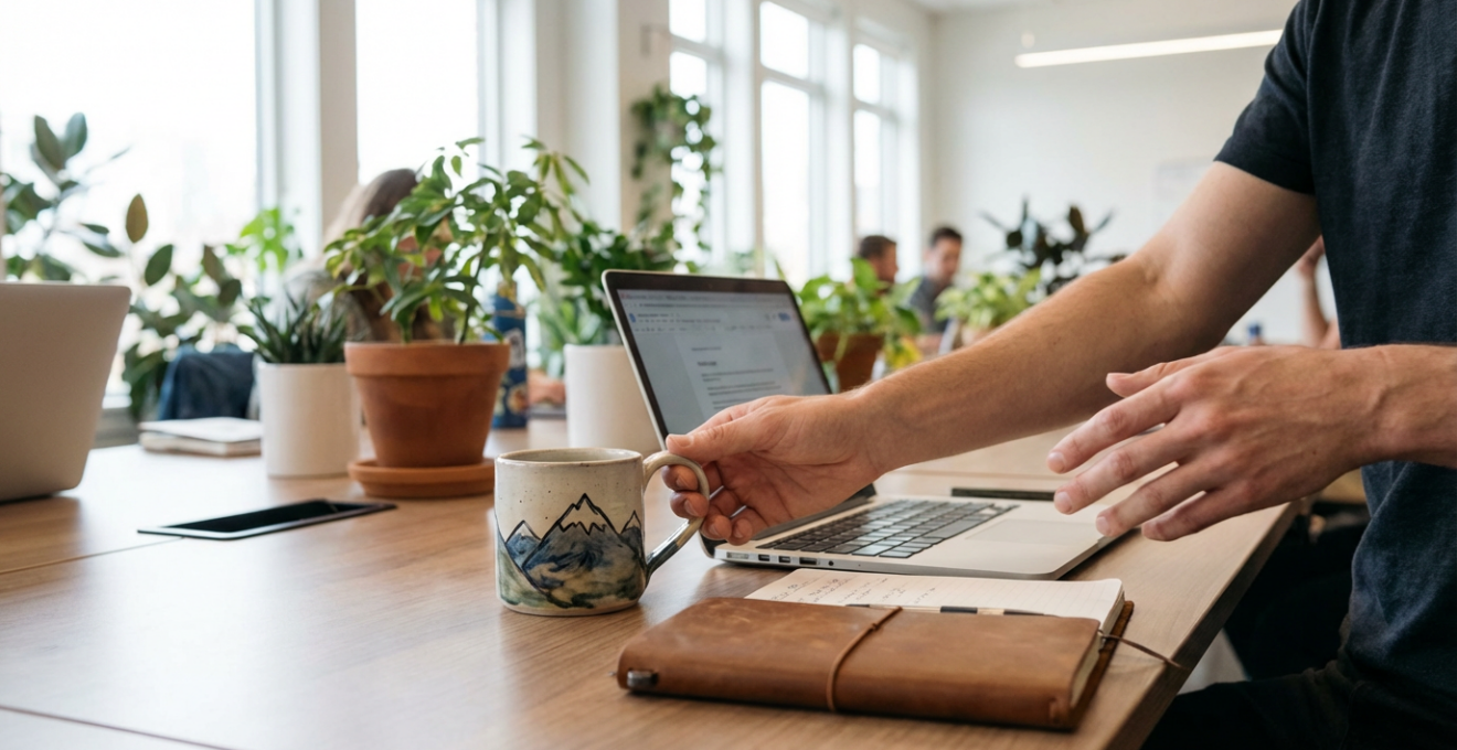 Espace de travail professionnel avec mug et carnet personnalisés intégrés au quotidien