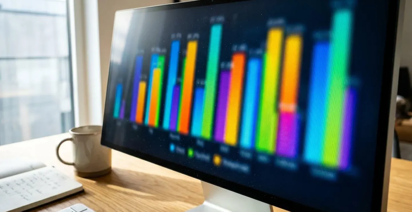 Gros plan sur un écran d'ordinateur affichant un graphique à barres colorées avec des données statistiques floutées, arrière-plan bureau en bokeh