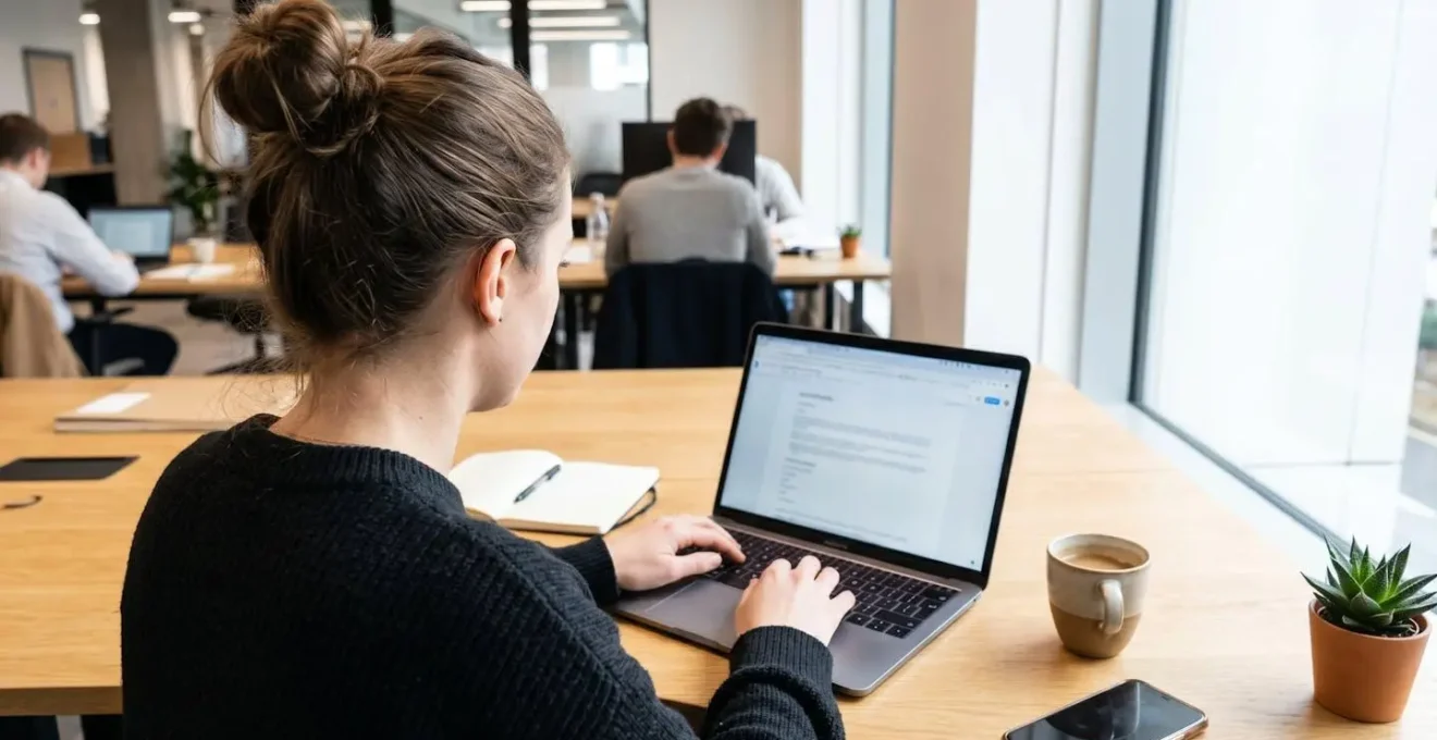Personne vue de dos en train de taper sur le clavier d'un ordinateur portable, mains au premier plan, environnement bureau lumineux