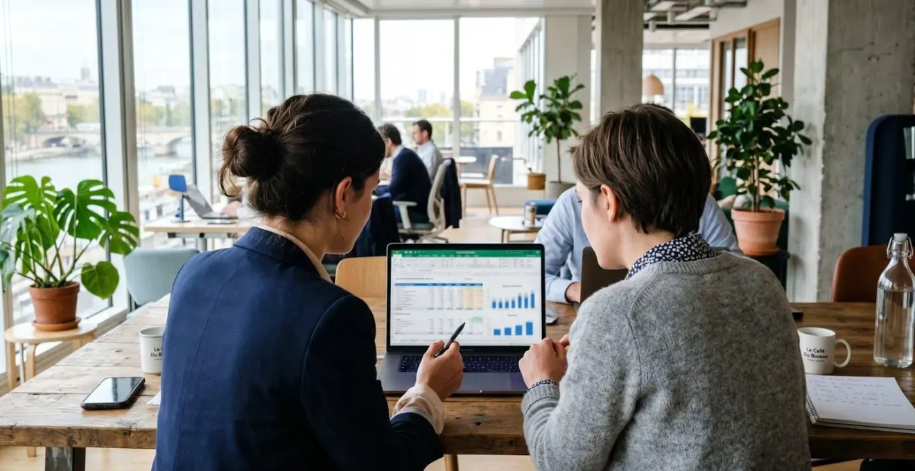 Deux professionnels vus de dos regardent ensemble l'écran d'un ordinateur portable dans un bureau moderne lumineux