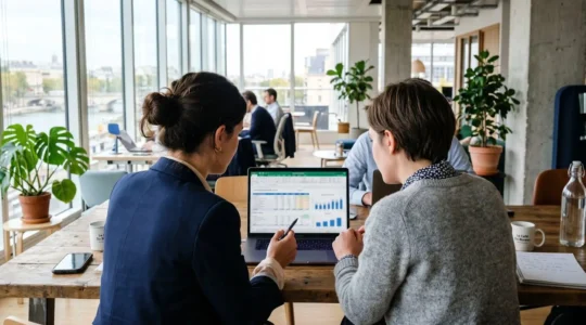 Deux professionnels vus de dos regardent ensemble l'écran d'un ordinateur portable dans un bureau moderne lumineux